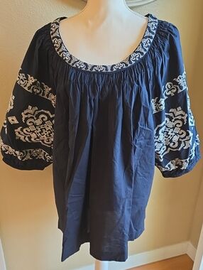 Tommy Hilfiger Navy Blue Embroidered Peasant Blouse